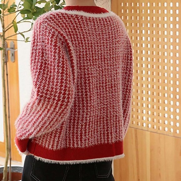Classic Fuzzy Trim Button Front Cardigan red - Picture 2 of 4